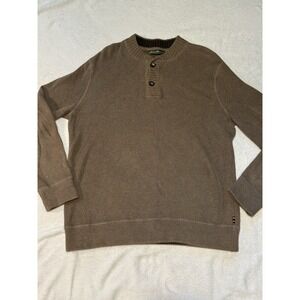 Eddie Bauer Henley Sweater Men L Brown Ribbed Knit 3 Button‎ Pullover Cotton